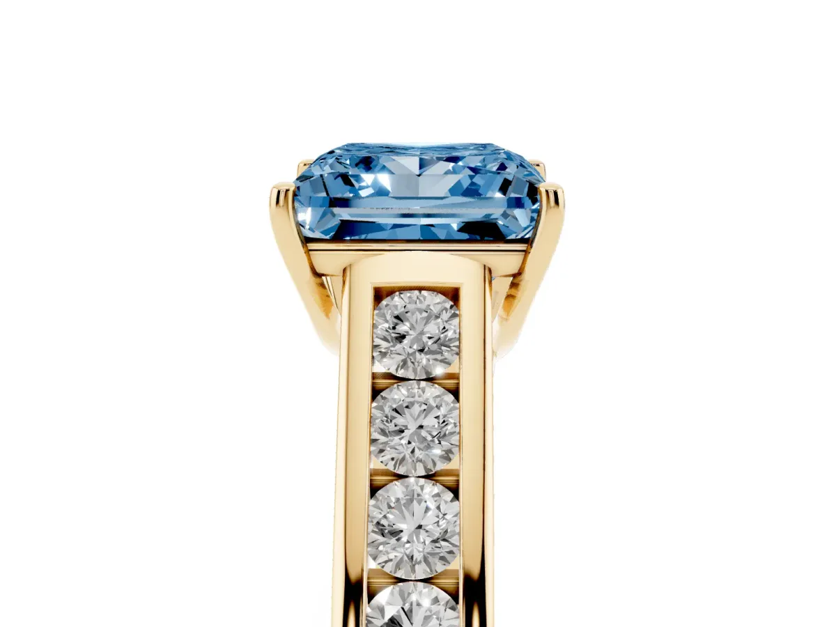 Fancy Blue Princess Cut Solitaire Channel-Set Diamond Engagement Ring with Four-Prong Setting Yellow gold