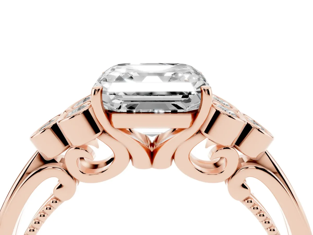 Asscher Cut Cut Diamond Engagement Ring with Bezel Set Round Side Stones and Prong Setting Rose gold