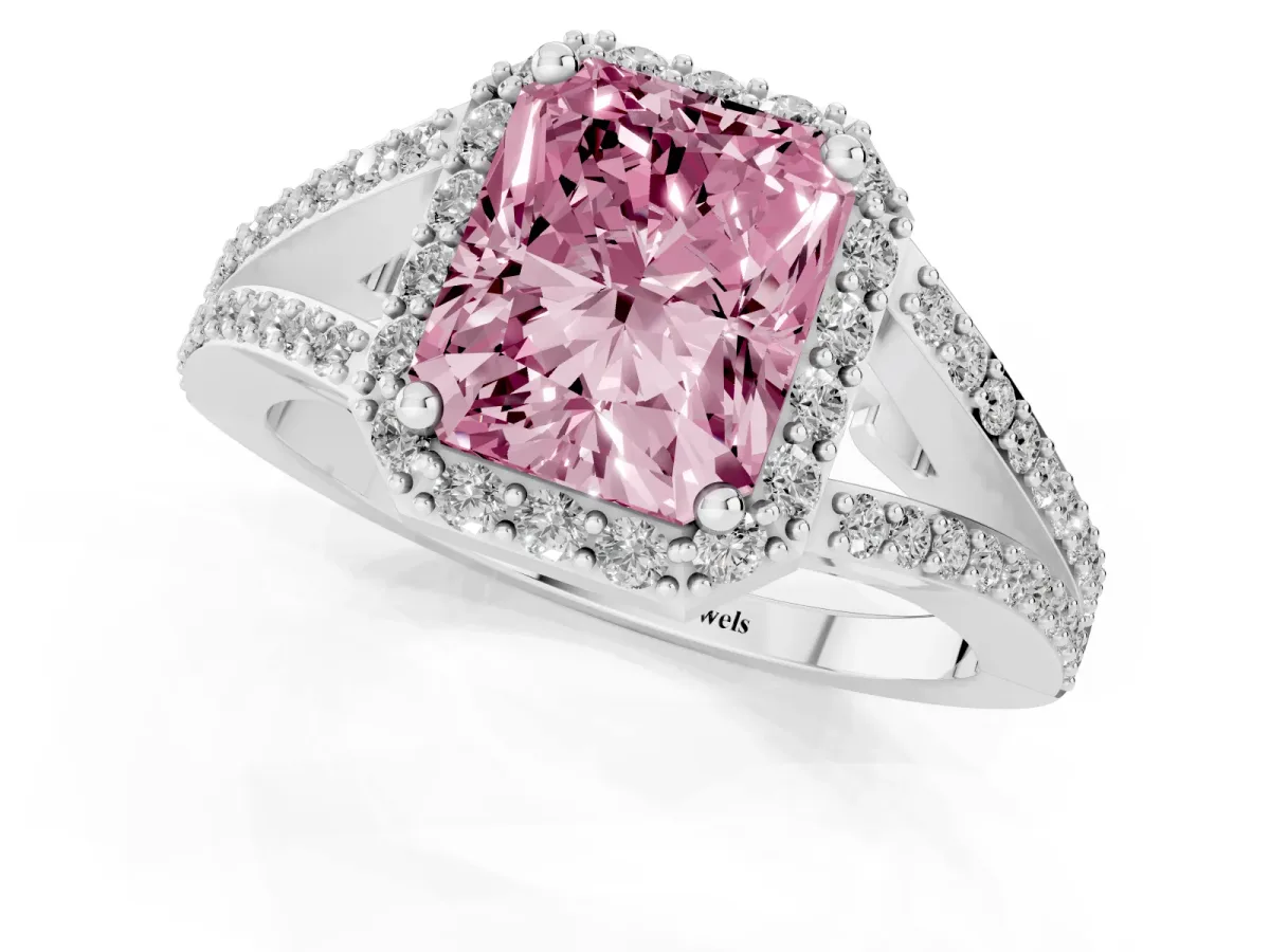 Fancy Pink Radiant Cut Halo Split Shank Diamond Ring with Prong Setting Silver