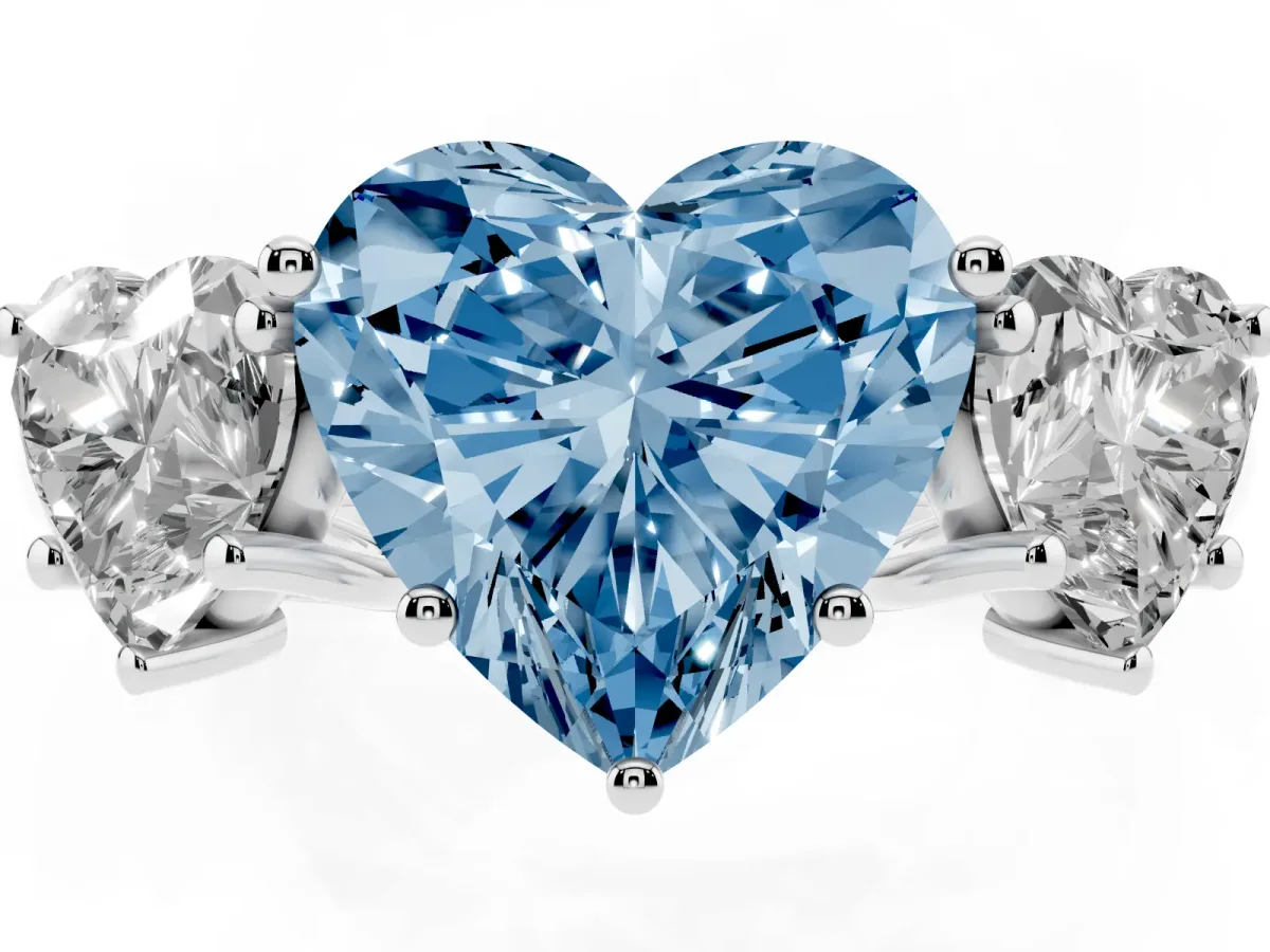 Fancy Blue Three-Stone Heart Cut Diamond Engagement Ring with Prong Setting White gold