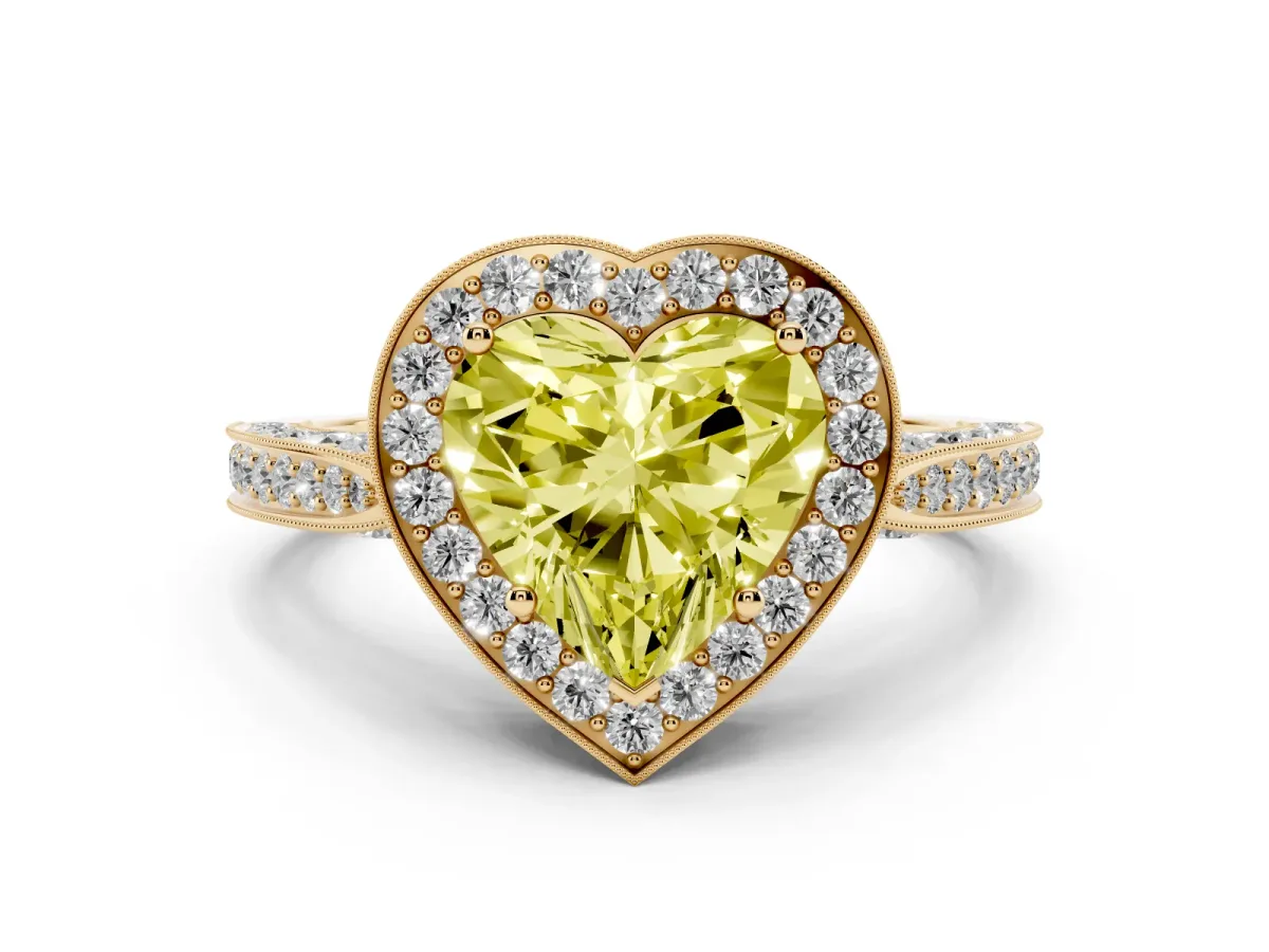 Fancy Yellow Heart Cut Halo Diamond Engagement Ring with Split Shank Band and Four-Prong Setting Yellow gold