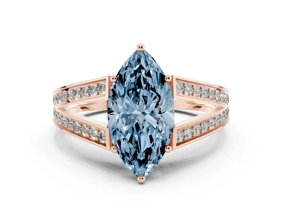 Fancy Blue Marquise Cut Diamond Split Shank Ring with Pavé Band and Four-Prong Setting Rose gold