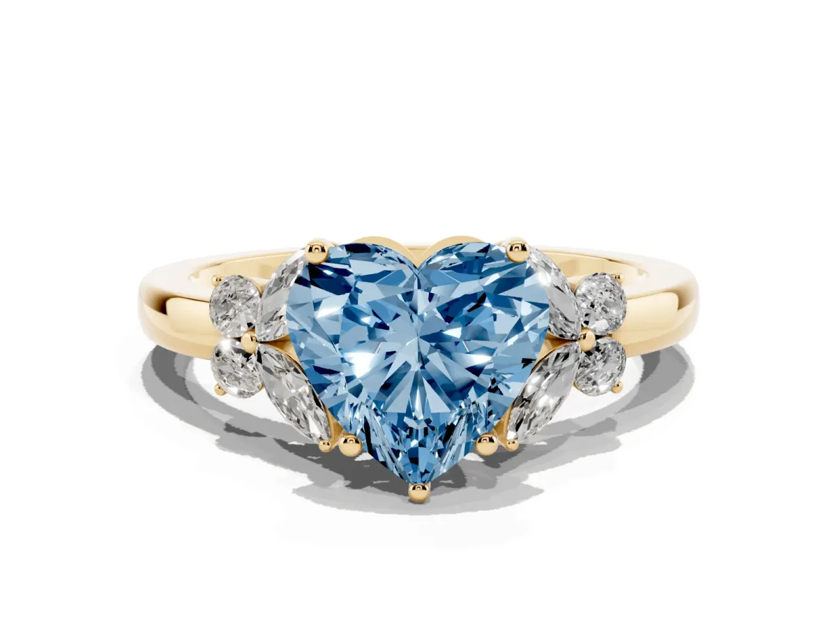 Fancy Blue Heart Cut Cut Solitaire Floral Diamond Ring with Four-Prong Setting Yellow gold