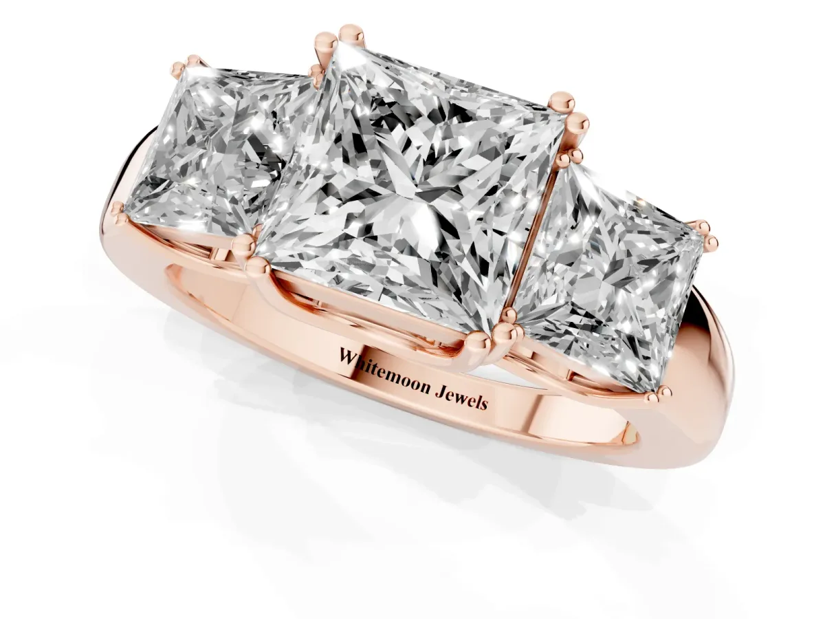 Three-Stone Princess Cut Cut Diamond Ring with Channel Set Band and Four-Prong Setting Rose gold
