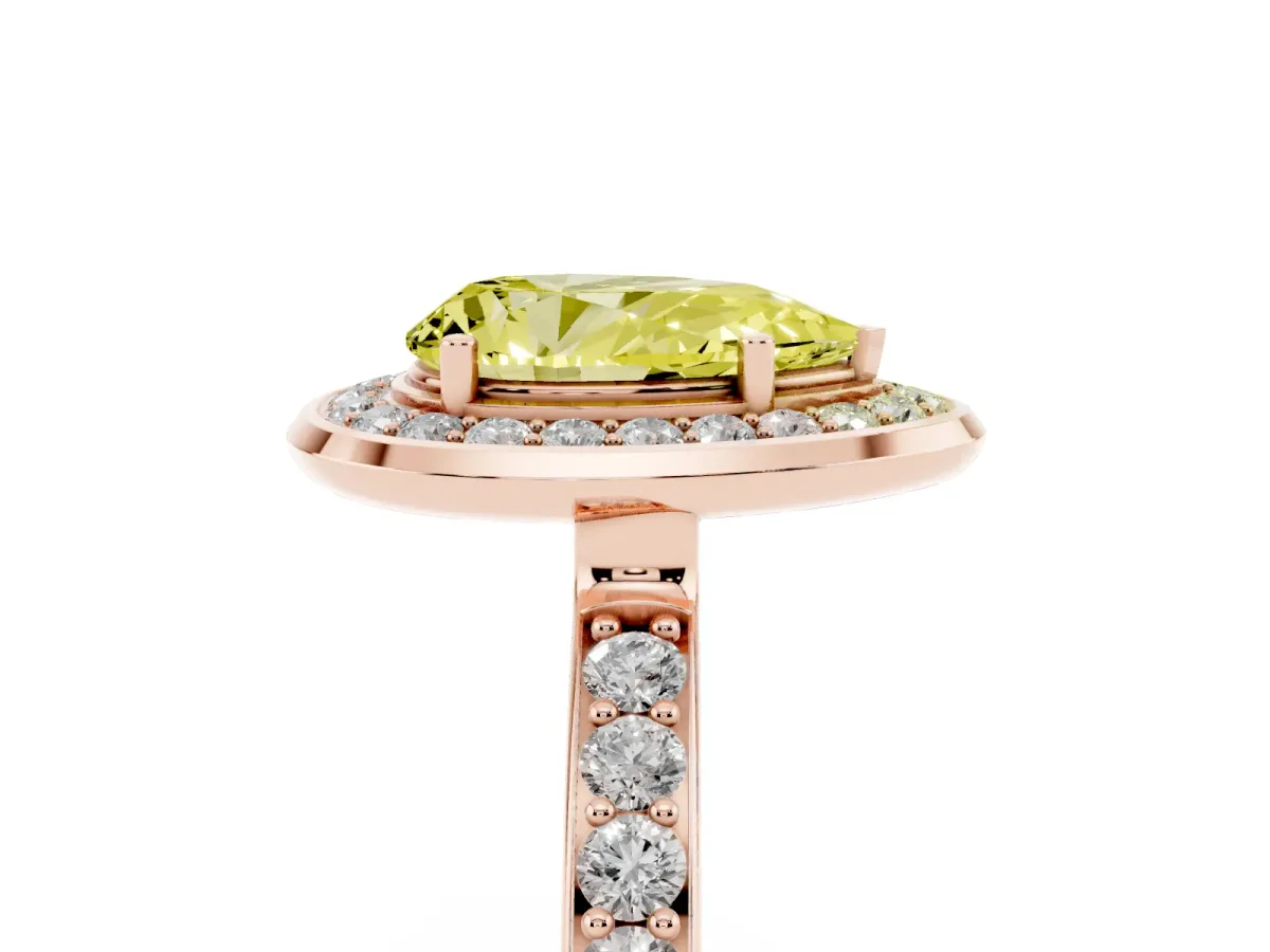 Fancy Yellow Pear Cut Diamond Halo Ring with Bezel Frame and Pavé Band Rose gold