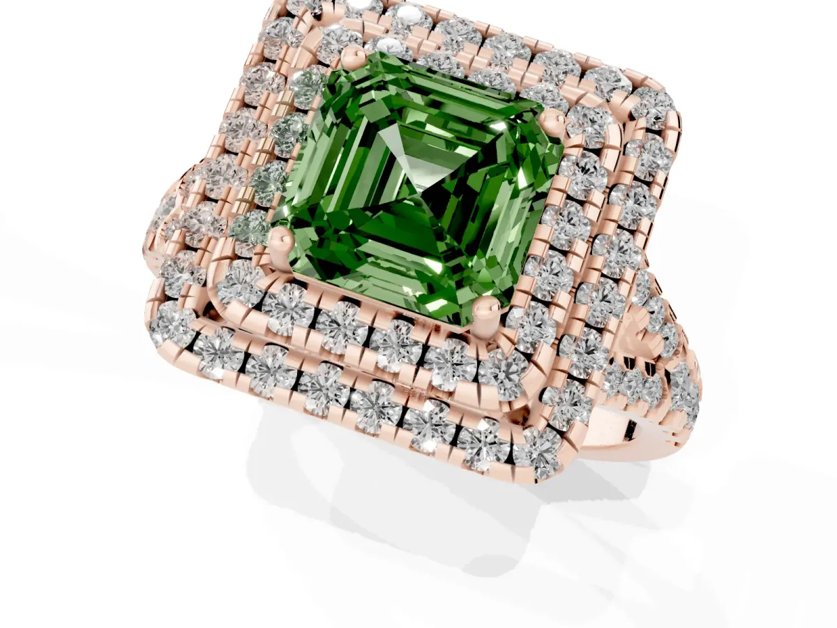 Fancy Green Double Halo Asscher Cut Diamond Pavé Split Shank Ring with Prong Setting Rose gold