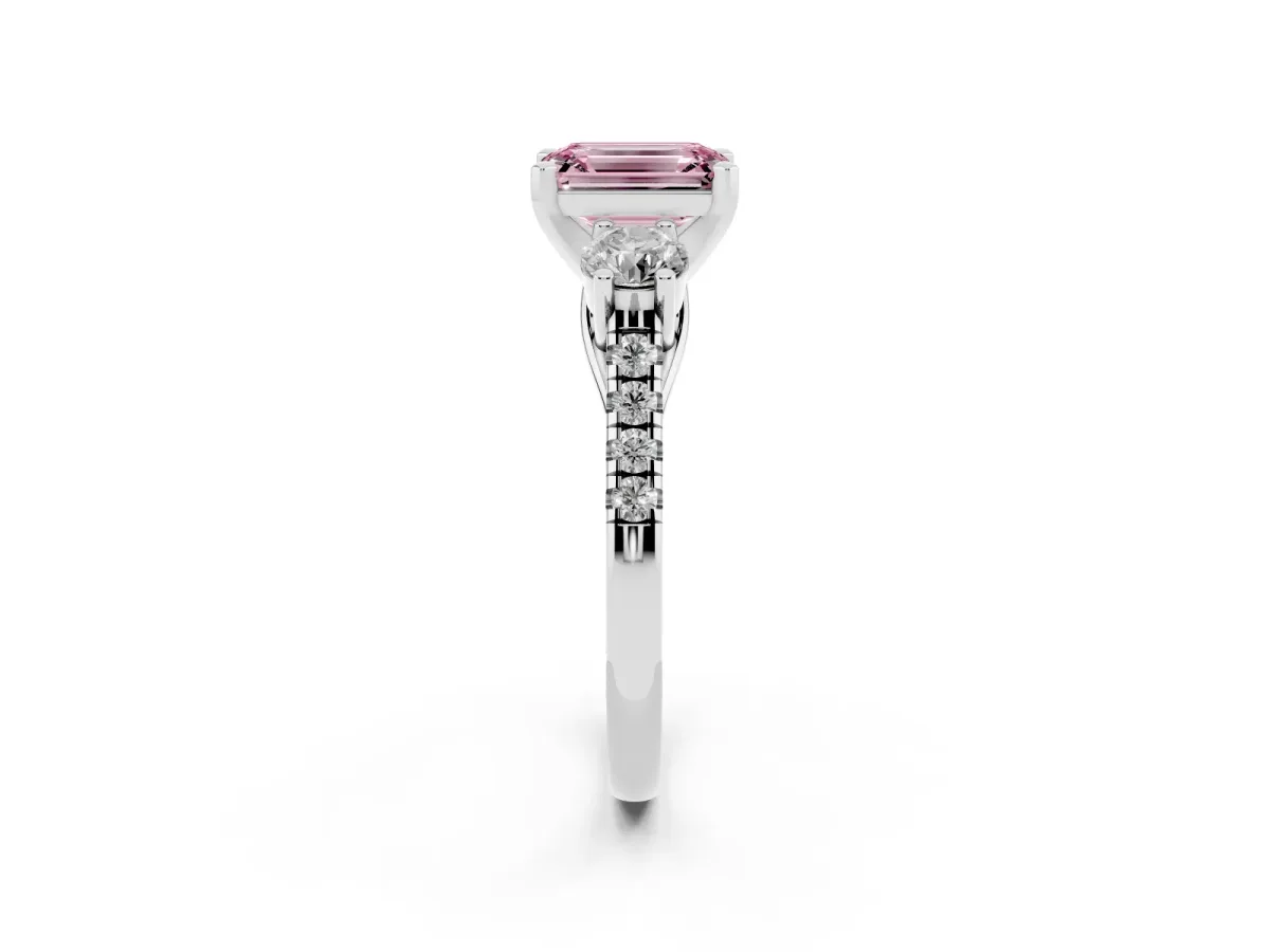 Fancy Pink Three-Stone Emerald Cut Diamond Pavé Band with Four-Prong Setting Platinum