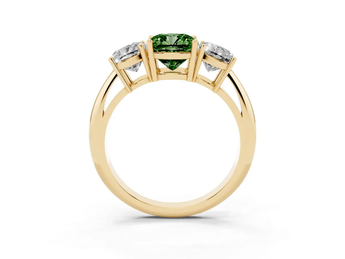 Fancy Green Three-Stone Cushion Cut Cut Diamond Engagement Ring with Prong Setting on a White Gold Band Yellow gold