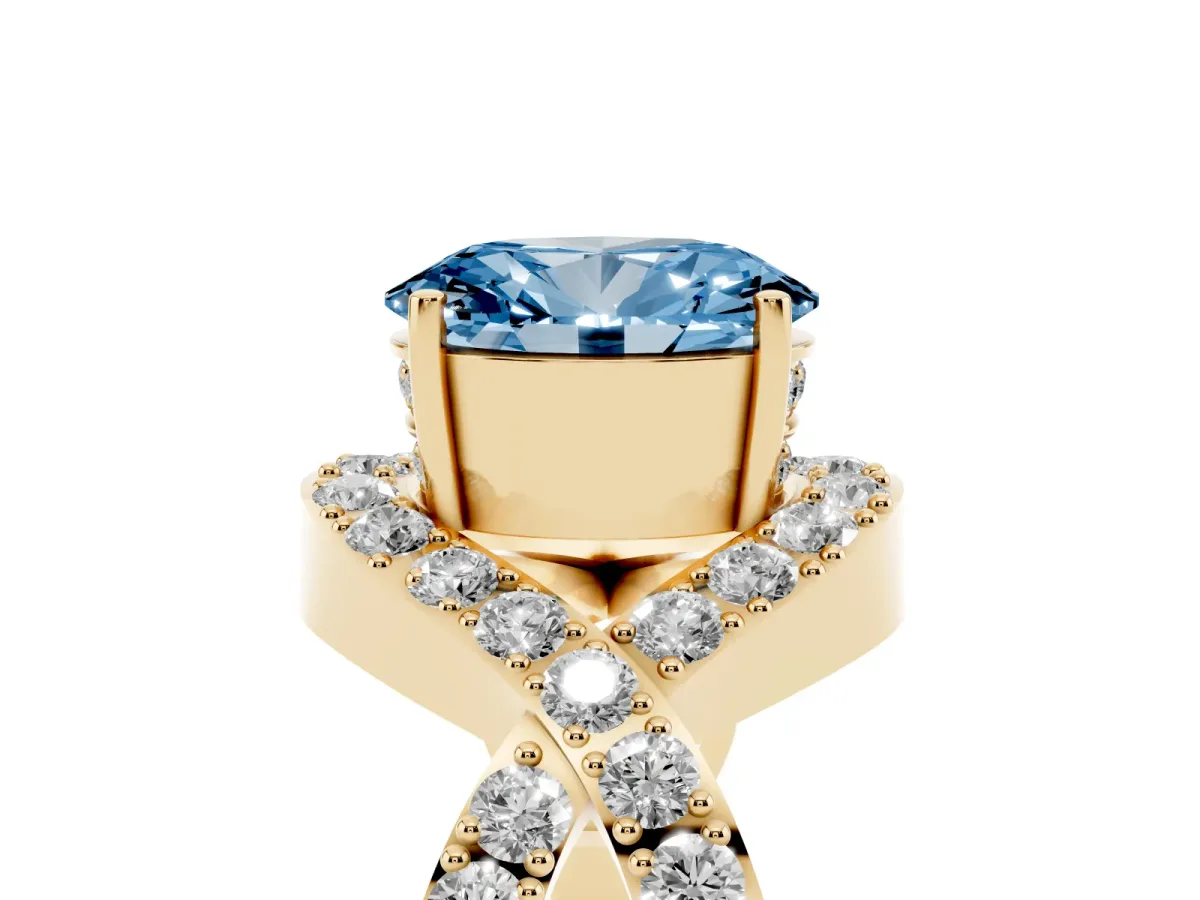 Fancy Blue Oval Cut Solitaire Twist Band Pavé Diamond Engagement Ring Yellow gold