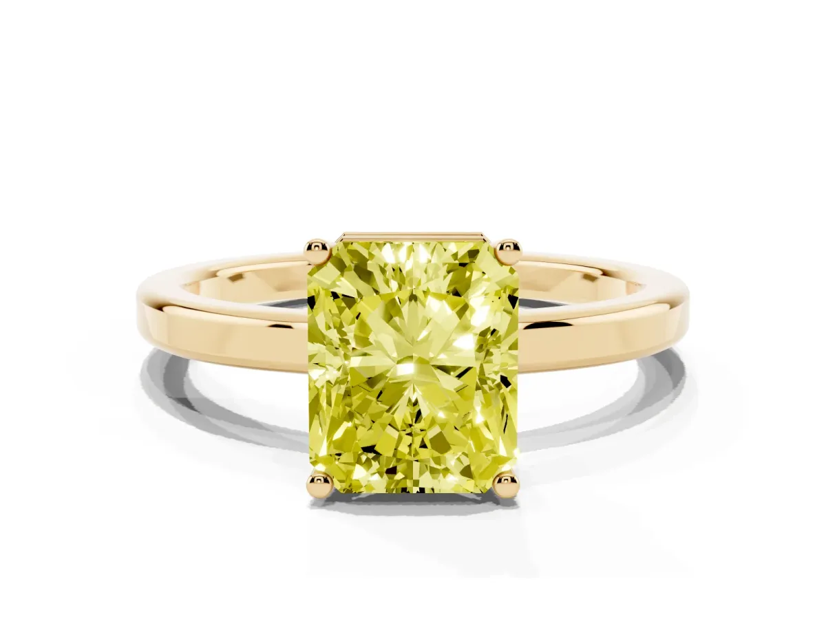 Fancy Yellow Radiant Cut Cut Solitaire Engagement Ring with Four-Prong Setting on a Classic Band Yellow gold