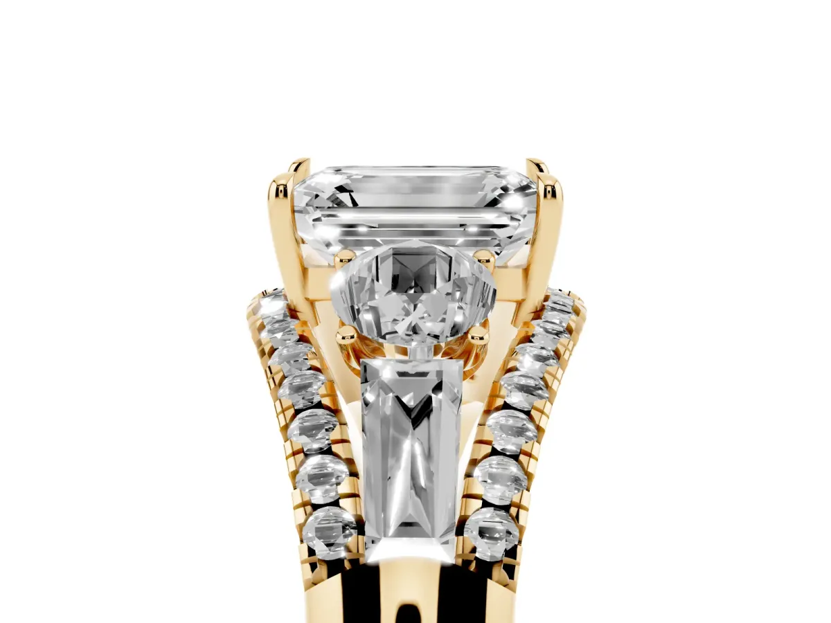 Three-Stone Emerald Cut Diamond Engagement Ring with Pave Band and Prong Setting Yellow gold