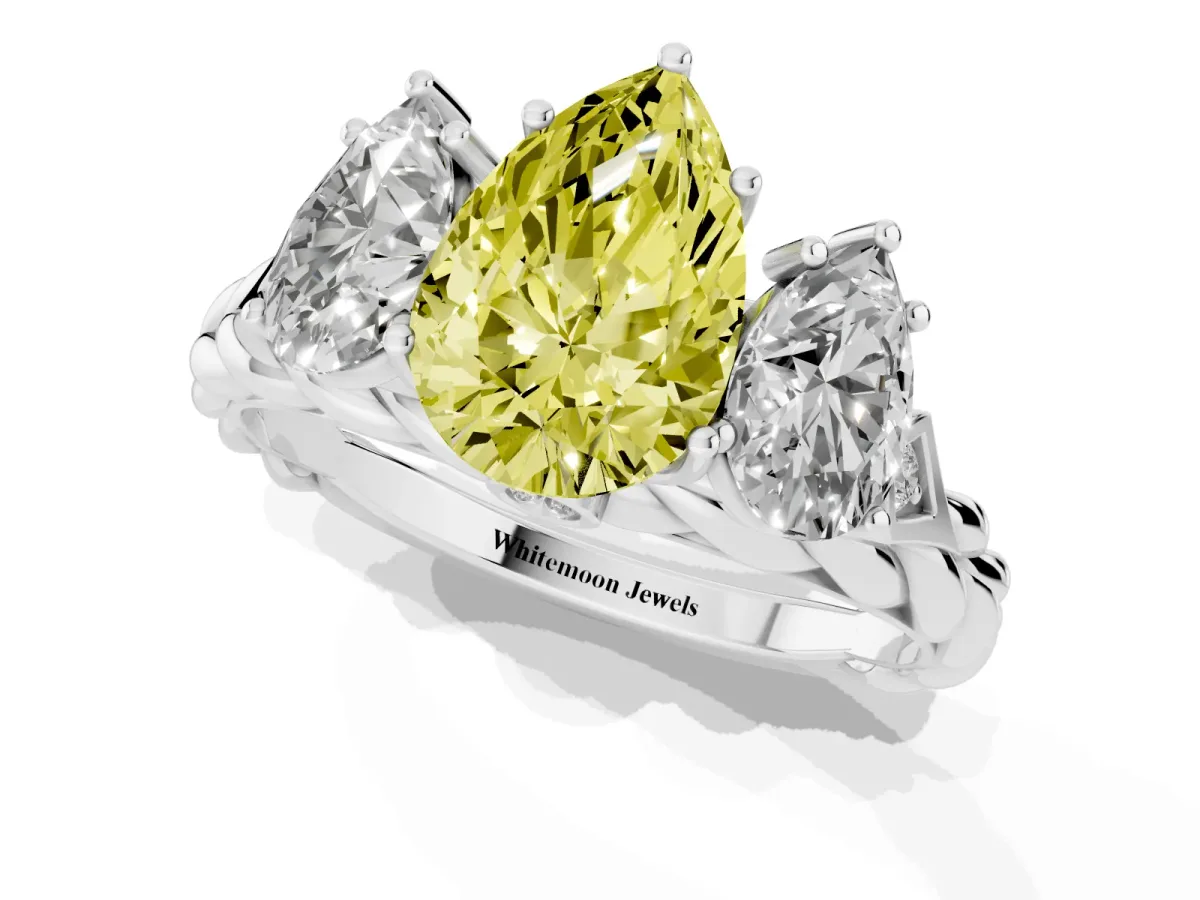Fancy Yellow Three-Stone Pear Cut Diamond Braided Band Ring with Four-Prong Setting Silver