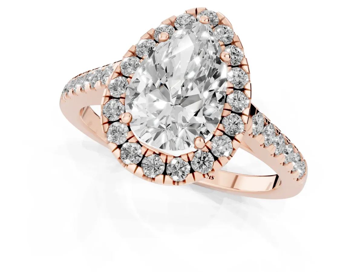 Pear Cut Halo Pave Diamond Engagement Ring with Four-Prong Setting Rose gold