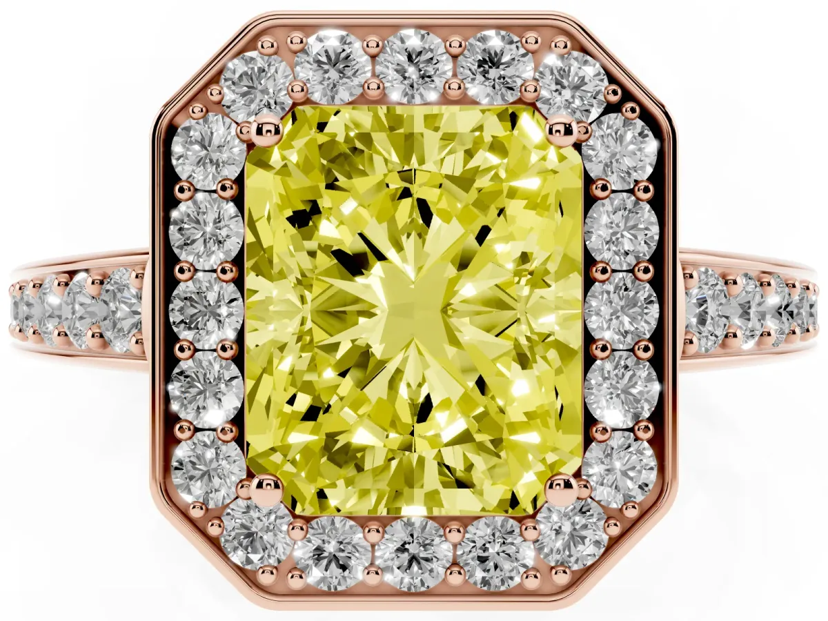 Fancy Yellow Radiant Cut Halo Pavé Diamond Engagement Ring with Bezel Setting Rose gold
