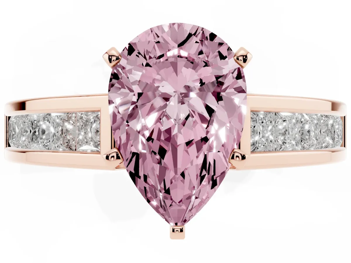 Fancy Pink Pear Cut Solitaire Diamond Ring with Channel-Set Band and Four-Prong Setting Rose gold