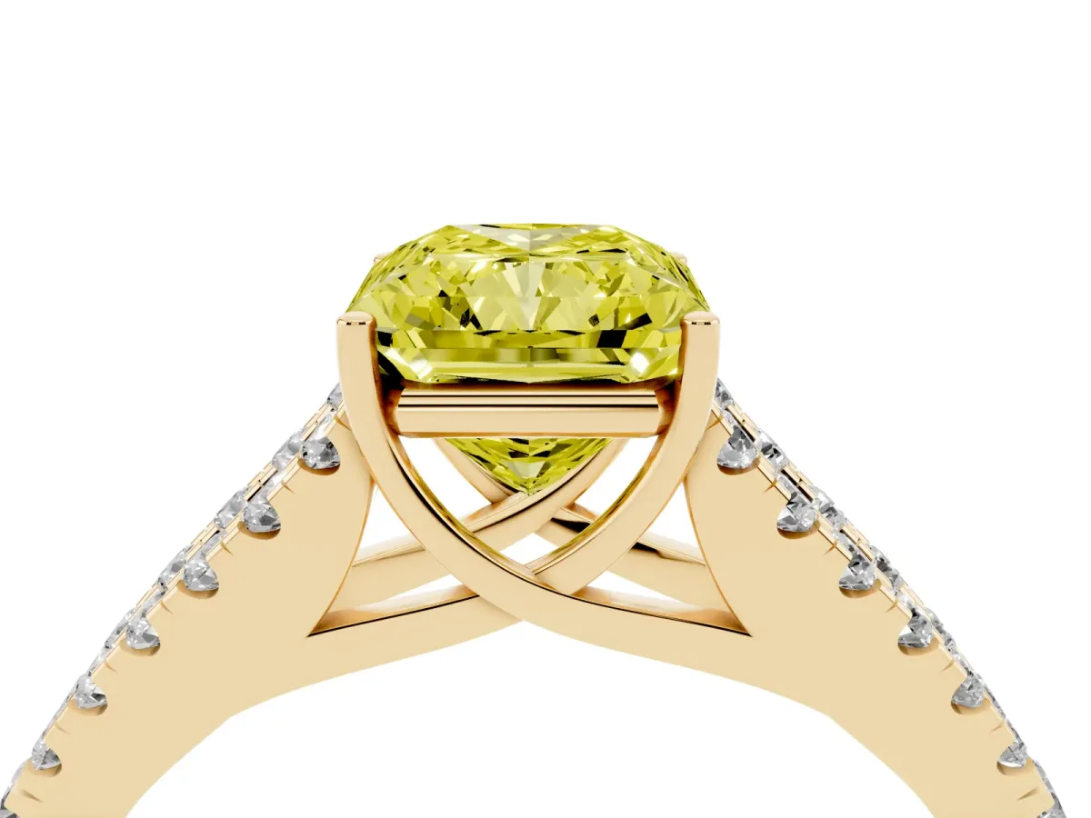 Fancy Yellow Radiant Cut Diamond Split Shank Engagement Ring with Round Pavé and Prong Setting Yellow gold