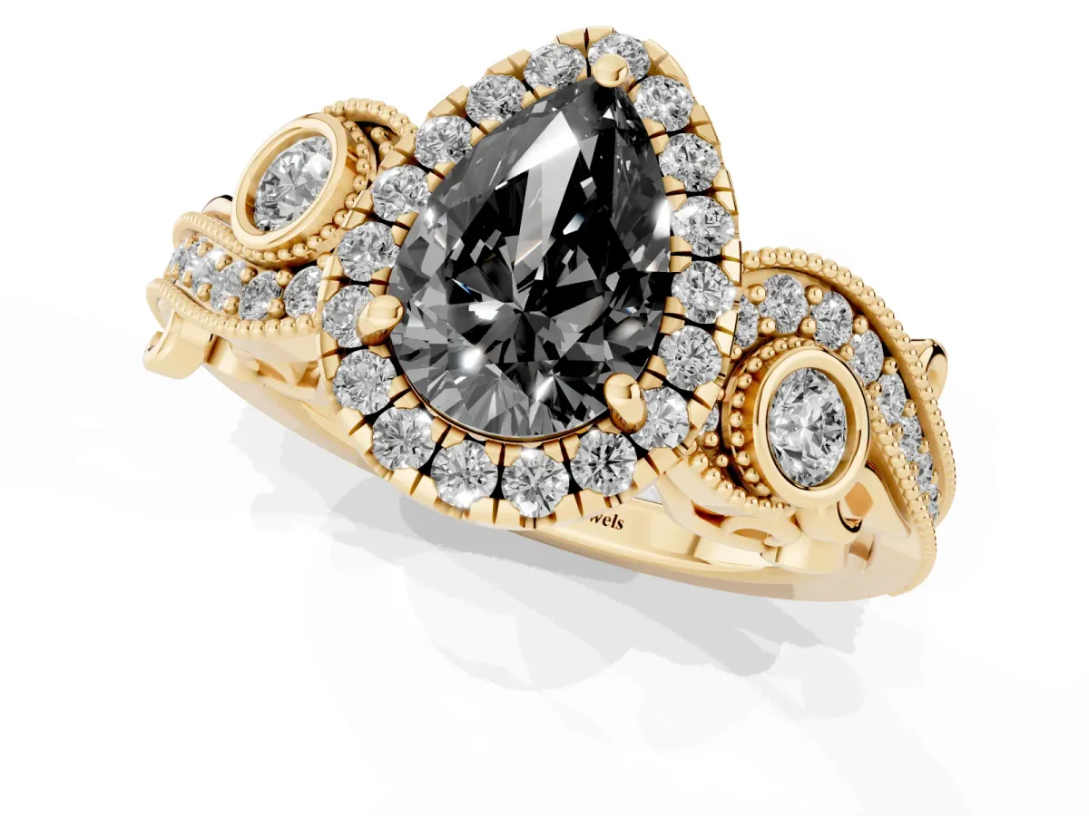 Fancy Black Pear Cut Halo Diamond Ring with Milgrain and Bezel Accents on a Split Shank Band Yellow gold