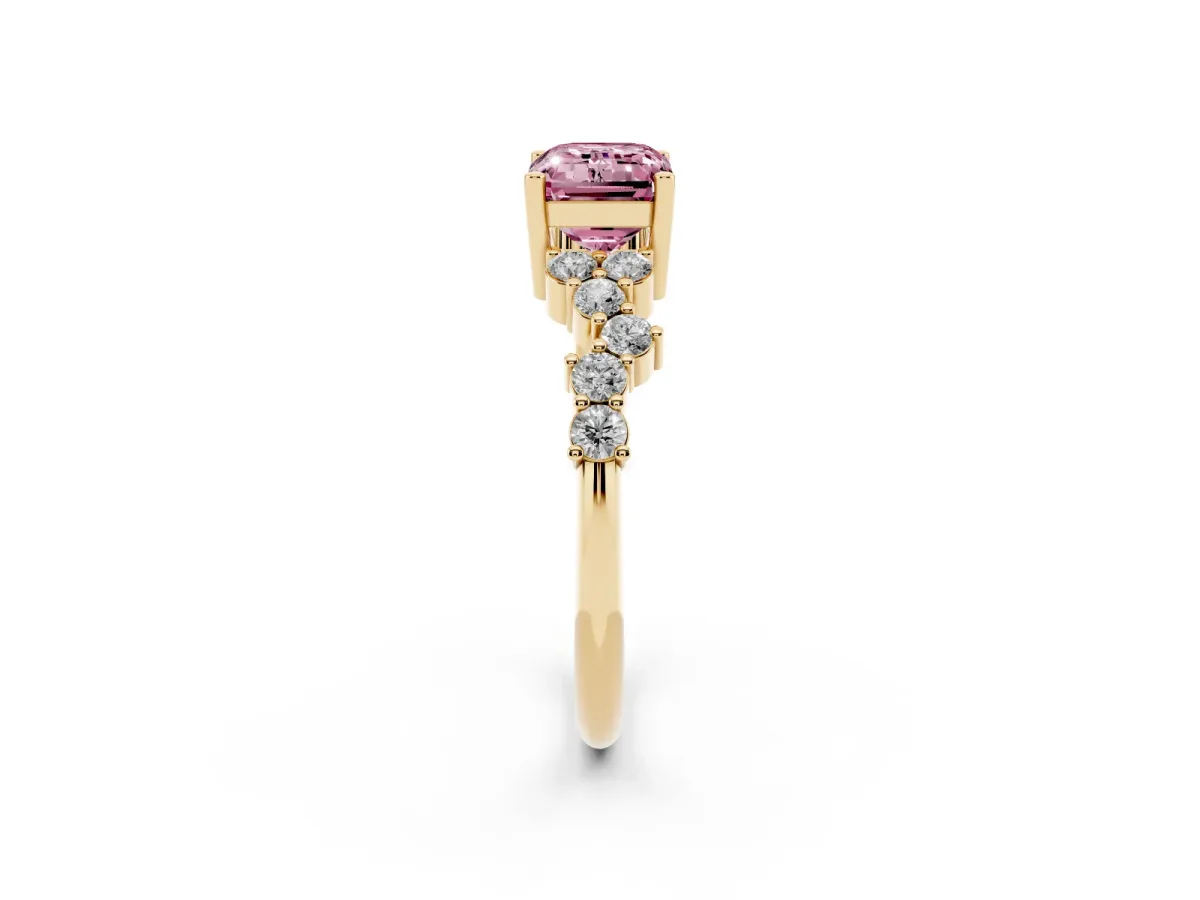 Fancy Pink Emerald Cut Diamond Scattered Round Accent Ring with Prong Setting Yellow gold
