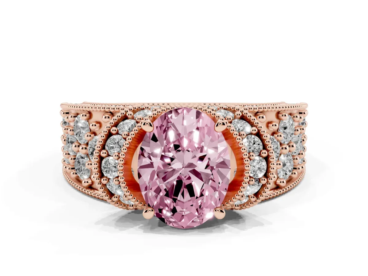 Fancy Pink Oval Cut Halo Pave Diamond Engagement Ring with Milgrain Detailing Rose gold