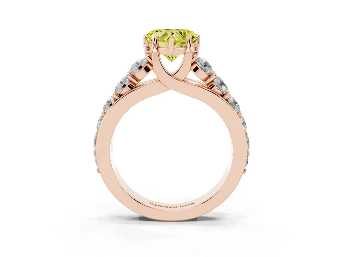 Fancy Yellow Heart Cut Diamond Engagement Ring with Pavé Band and Four-Prong Setting Rose gold