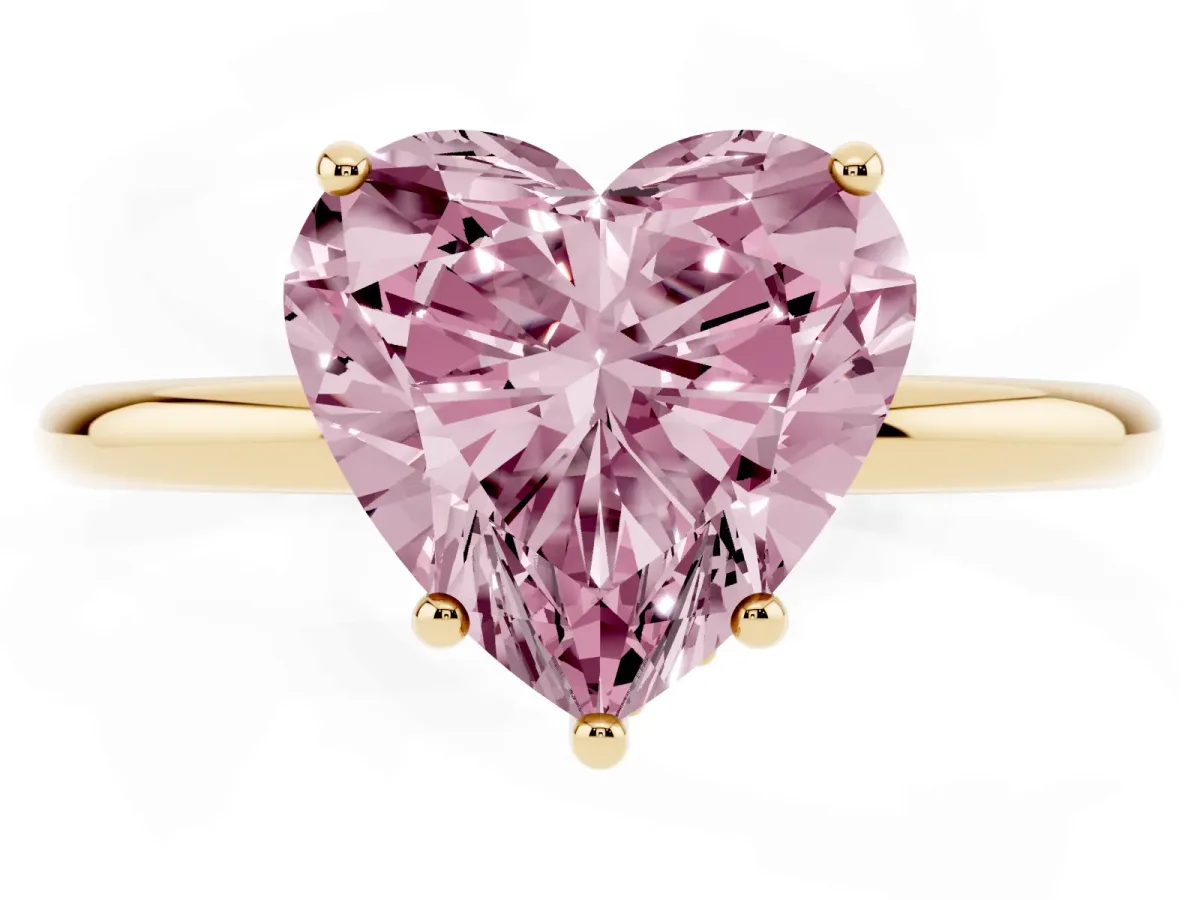 Fancy Pink Heart Cut Solitaire Diamond Ring with a Classic Band and Four-Prong Setting Yellow gold
