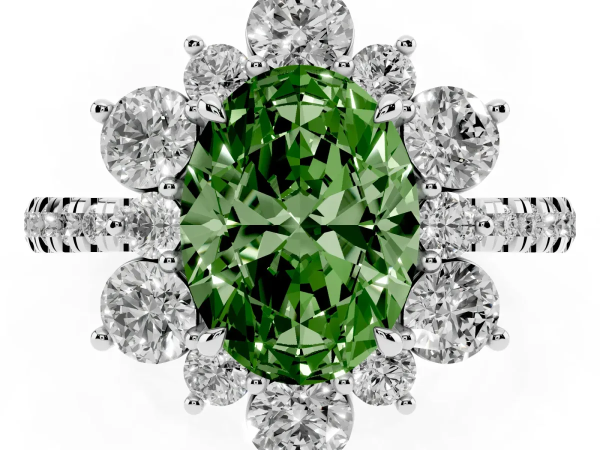 Fancy Green Oval Cut Diamond Floral Halo Ring with Round Pavé Band and Prong Setting White gold