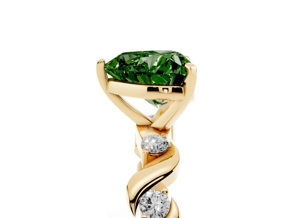 Fancy Green Heart Cut Diamond Solitaire Twisted Band with Round Accents and Prong Setting Yellow gold