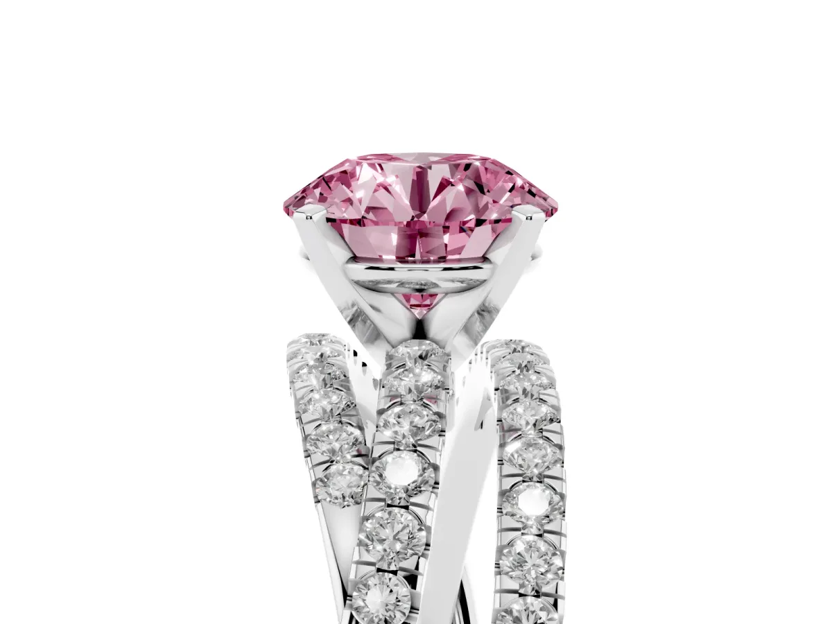 Fancy Pink Round Cut Solitaire Twist Band with Pavé Setting and Four-Prong Setting Silver
