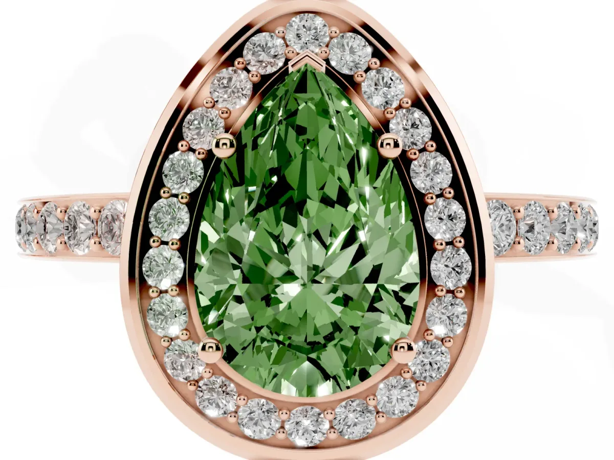 Fancy Green Pear Cut Diamond Halo Ring with Bezel Frame and Pavé Band Rose gold