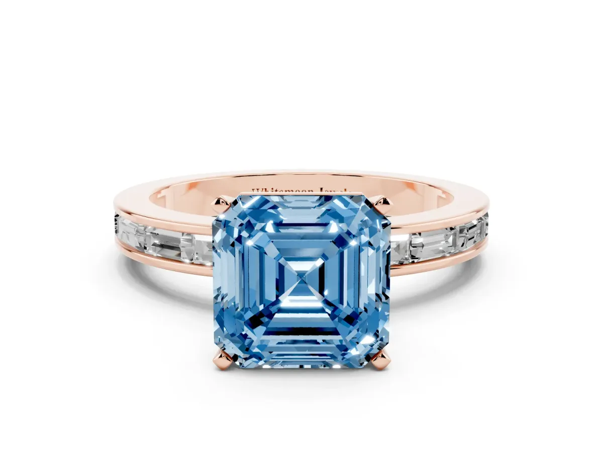 Fancy Blue Asscher Cut Solitaire Diamond Ring with Channel-Set Baguette Band and Four-Prong Setting Rose gold