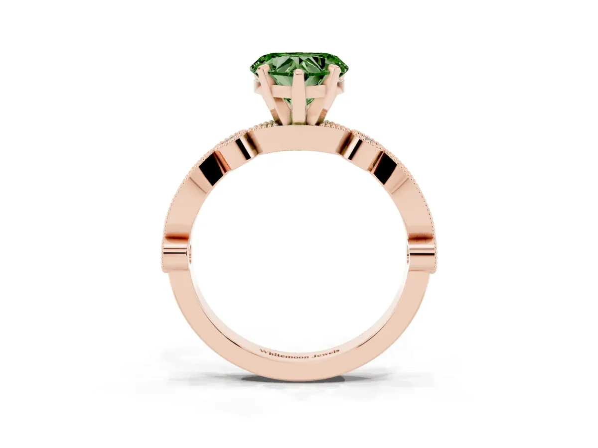 Fancy Green Heart Cut Milgrain Bezel Diamond Engagement Ring with Solitaire Prong Setting Rose gold