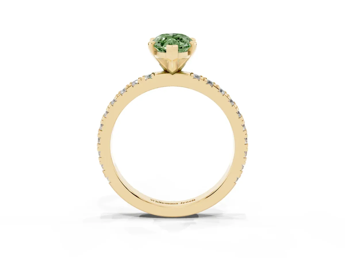 Fancy Green Marquise Cut Diamond Pavé Band Solitaire with Four-Prong Setting Yellow gold