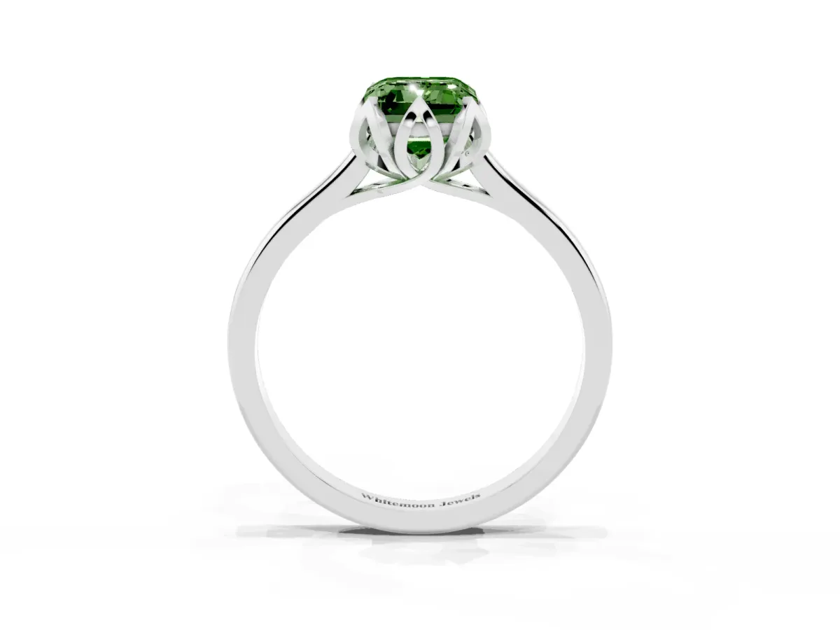 Fancy Green Emerald Cut Diamond Solitaire Ring with Flower Prong Setting and Classic Band Silver
