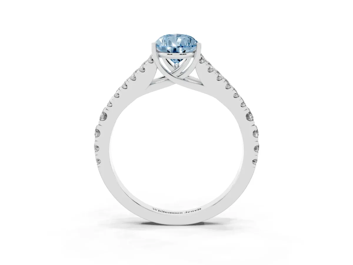 Fancy Blue Pear Cut Diamond Split Shank Pavé Engagement Ring with Four-Prong Setting White gold