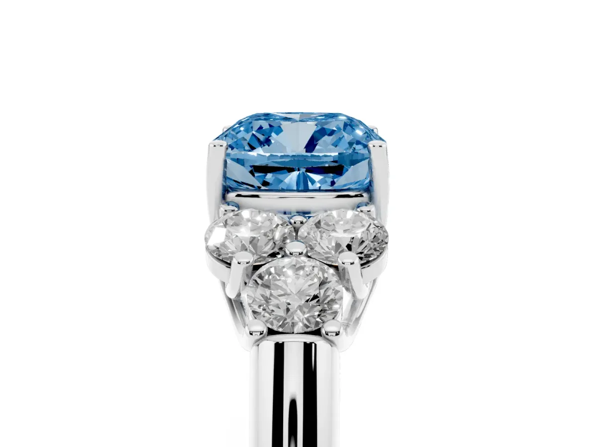Fancy Blue Cushion Cut Cut Diamond Cluster Ring with Round Accent Stones and Prong Setting on a Classic Band White gold