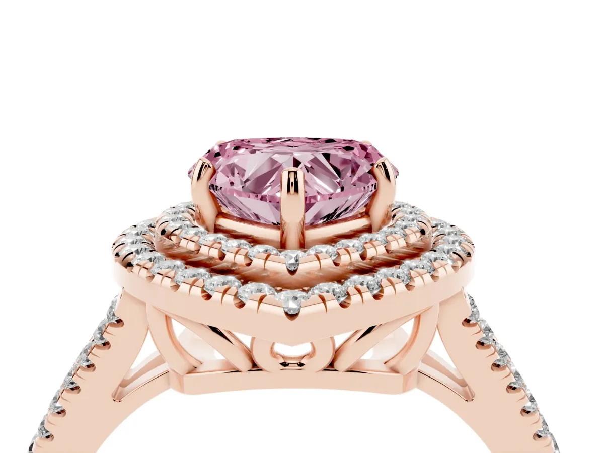 Fancy Pink Heart Cut Diamond Double Halo Ring with Pavé Band and Prong Setting Rose gold