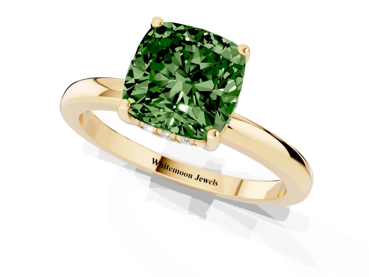 Fancy Green Cushion Cut Solitaire Diamond Ring with Prong Setting and Plain Band Yellow gold