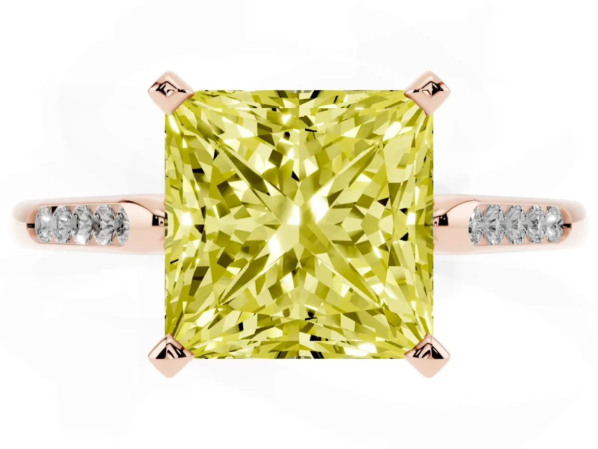 Fancy Yellow Princess Cut Diamond Solitaire Ring with Channel Set Round Band and Prong Setting Rose gold