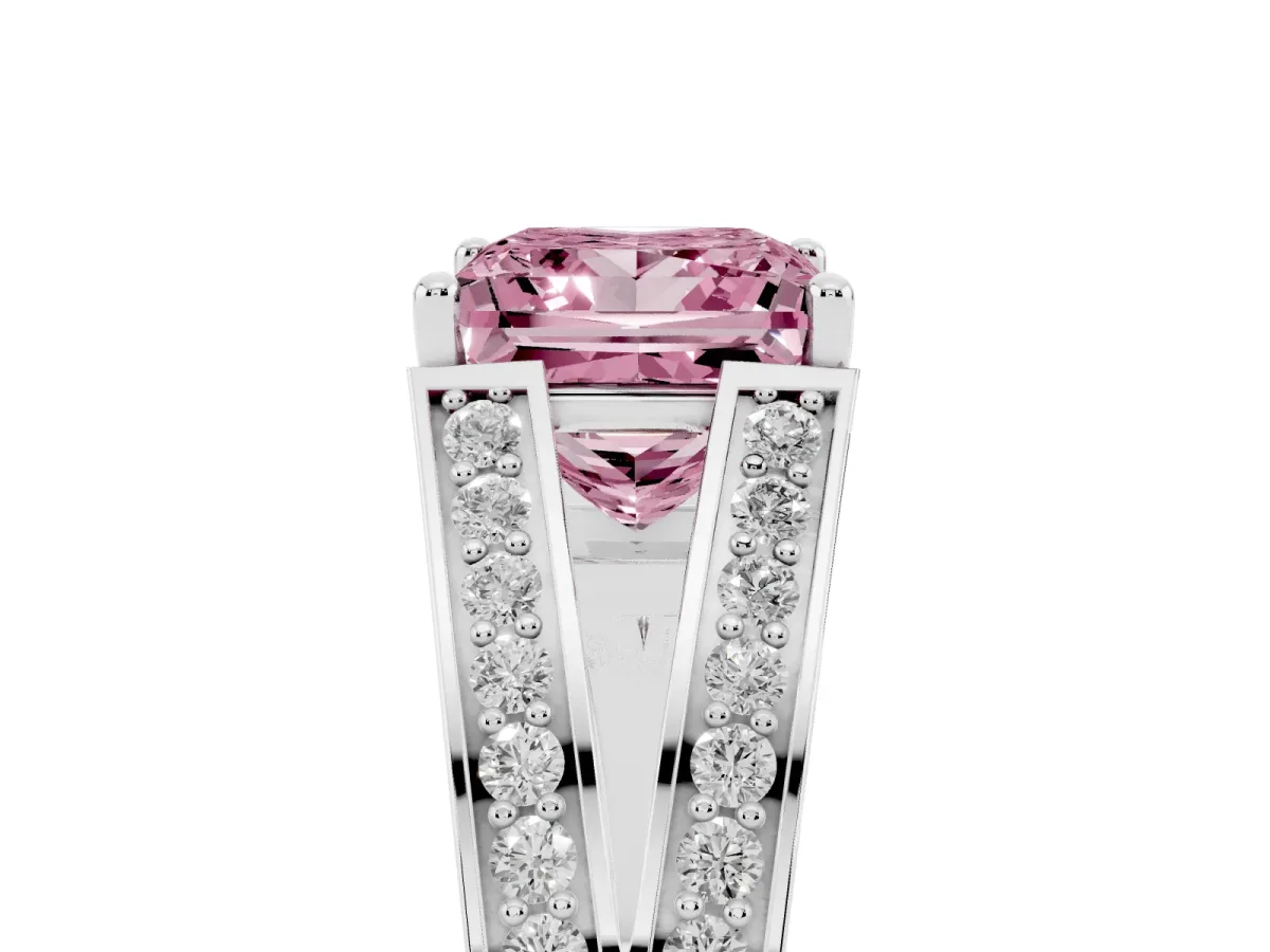 Fancy Pink Princess Cut Diamond Split Shank Ring with Pavé Band and Four-Prong Setting Platinum