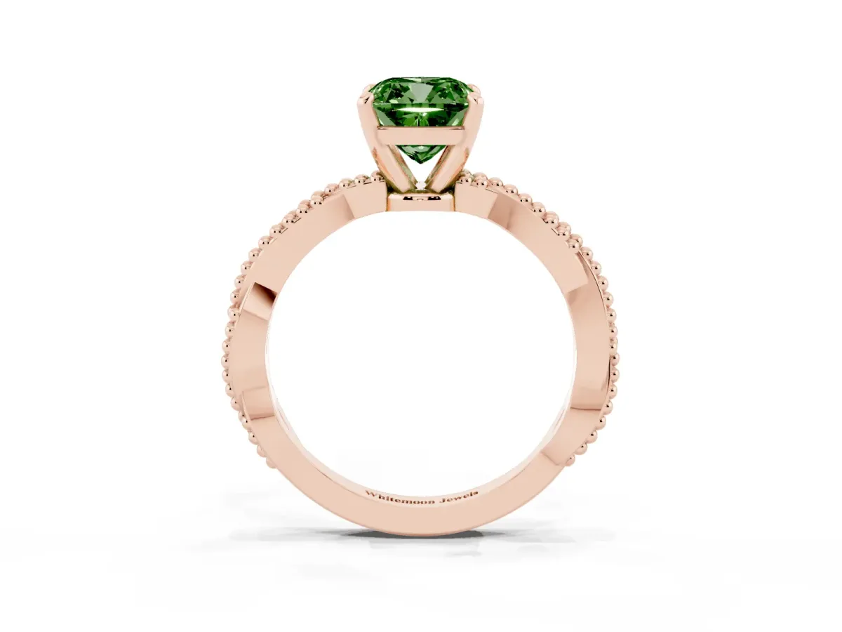 Fancy Green Cushion Cut Solitaire Twisted Band with Bead Prong Setting Rose gold