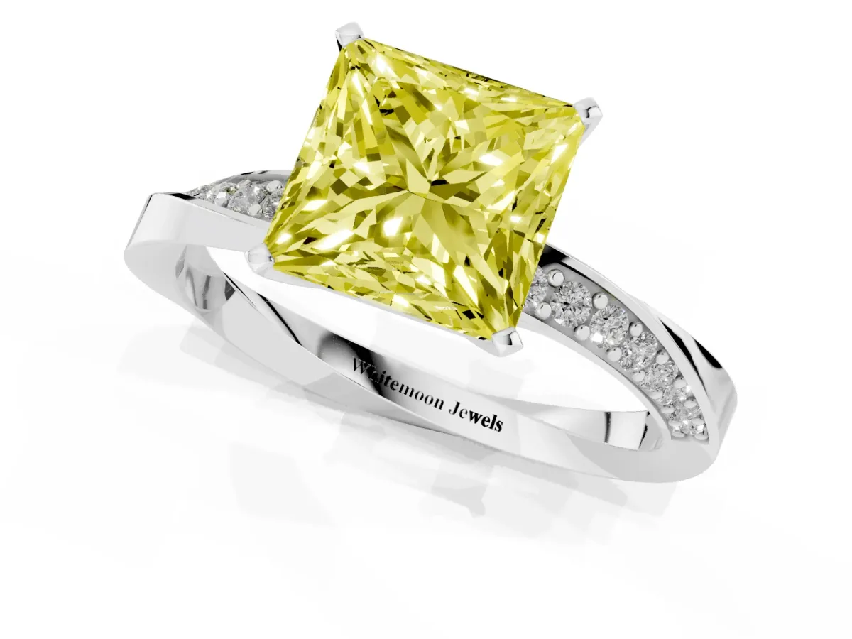Fancy Yellow Princess Cut Diamond Engagement Ring with Side Stone Accents and Four-Prong Setting Silver