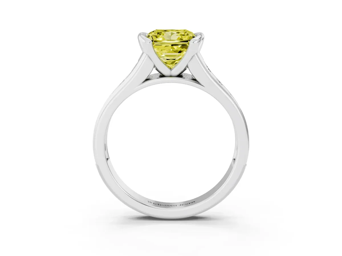 Fancy Yellow Princess Cut Solitaire Bezel-Set Diamond Ring with Channel-Set Band Silver