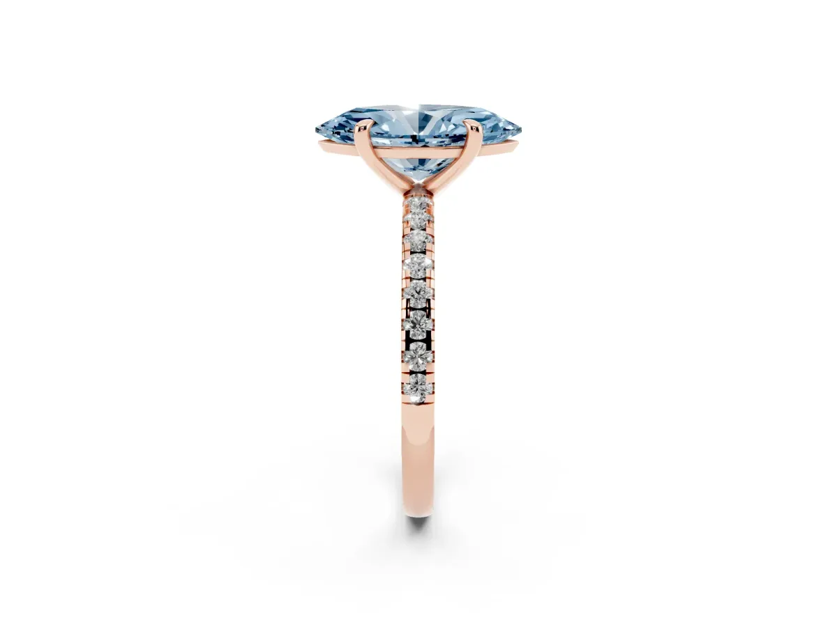 Fancy Blue Marquise Cut Diamond Brilliant Solitaire Ring with Pavé Band and Four-Prong Setting Rose gold