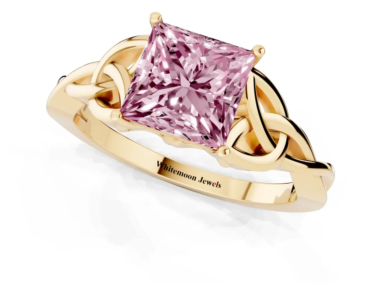 Fancy Pink Princess Cut Diamond Solitaire Engagement Ring with Celtic Knot Band and Four-Prong Setting Yellow gold