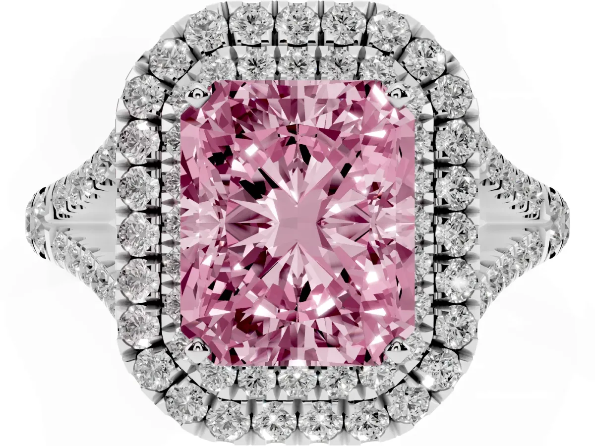 Fancy Pink Radiant Cut Diamond Double Halo Ring with Split Shank and Prong Setting Platinum