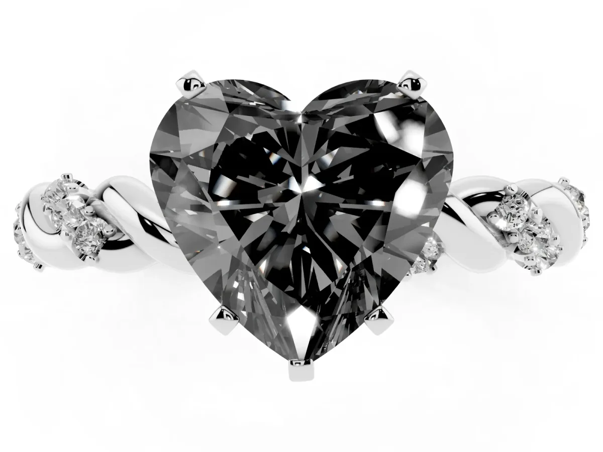 Fancy Black Heart Cut Diamond Solitaire Ring with Twisted Band and Pavé Accents Silver