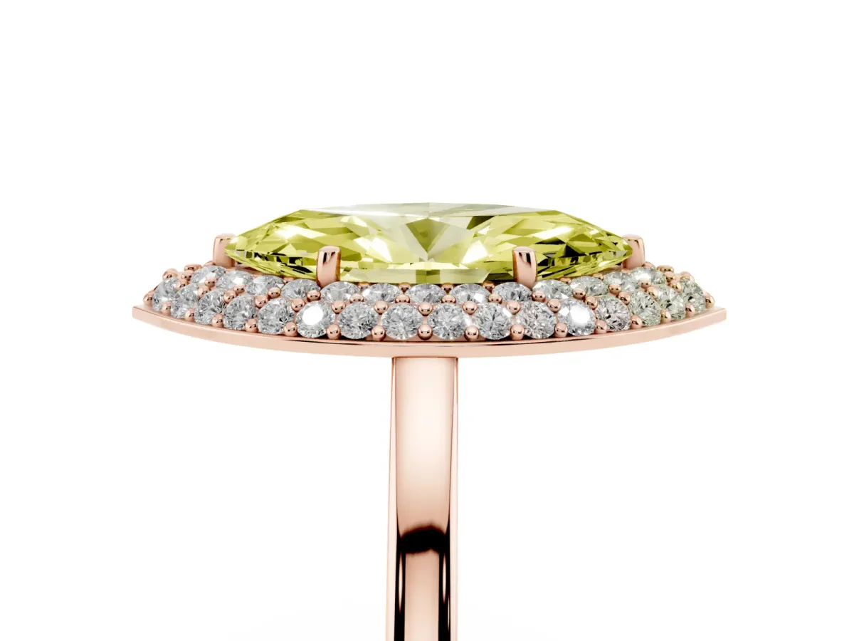Fancy Yellow Marquise Cut Halo Diamond Engagement Ring with Solitaire Band and Four-Prong Setting Rose gold