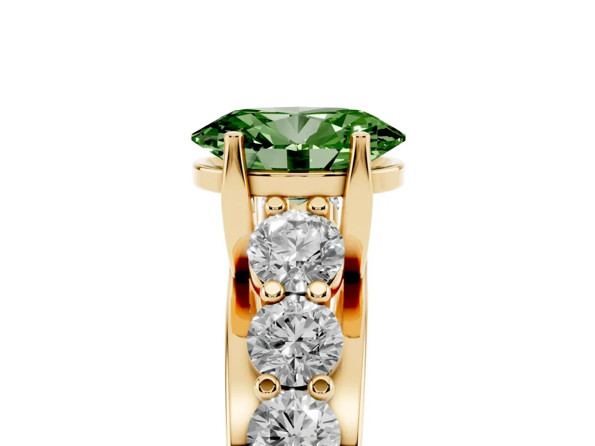 Fancy Green Oval Cut Diamond Engagement Ring with Pavé Band and Four-Prong Setting Yellow gold