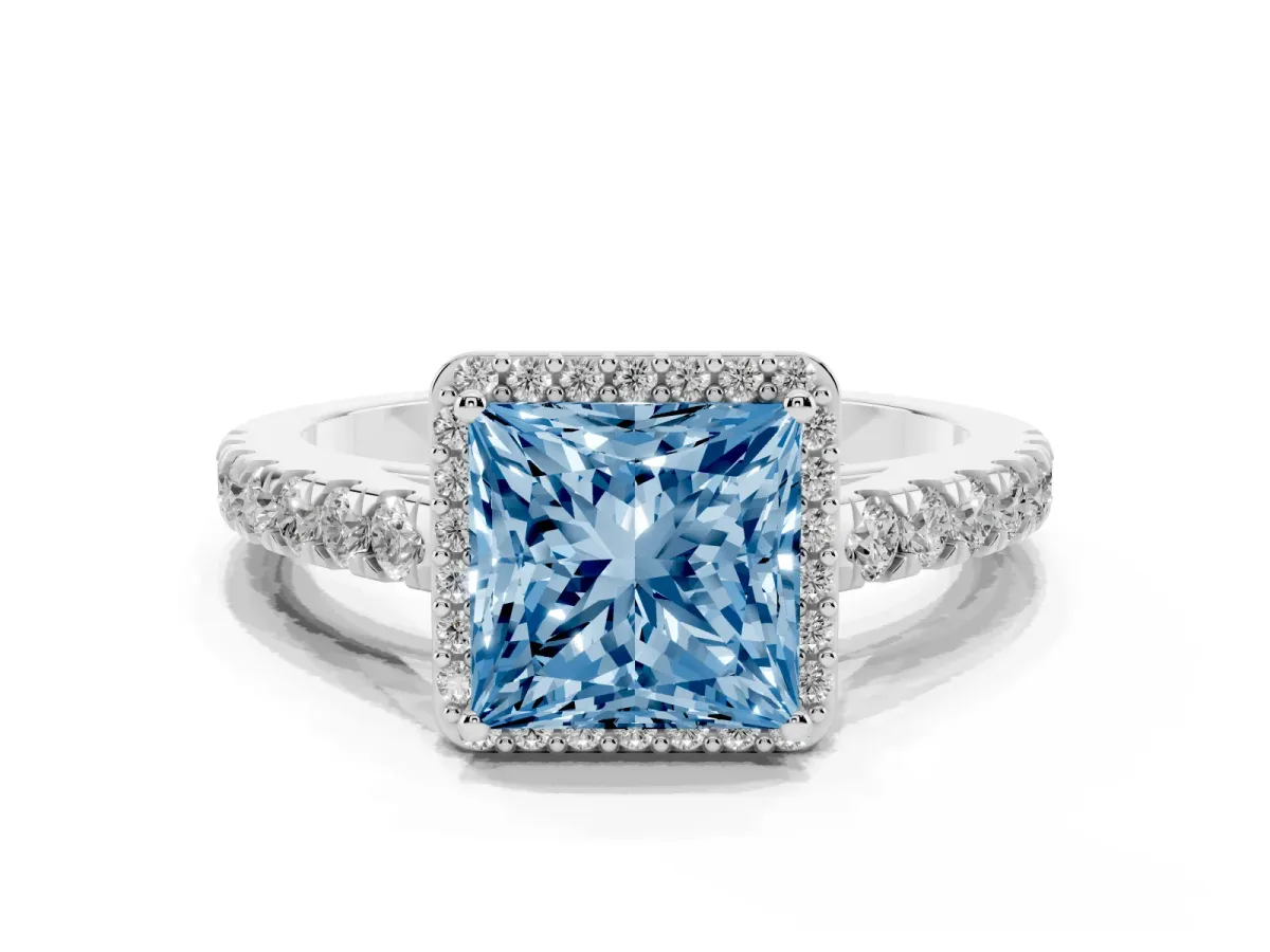 Fancy Blue Princess Cut Cut Halo Diamond Engagement Ring with Pave Band and Four-Prong Setting White gold