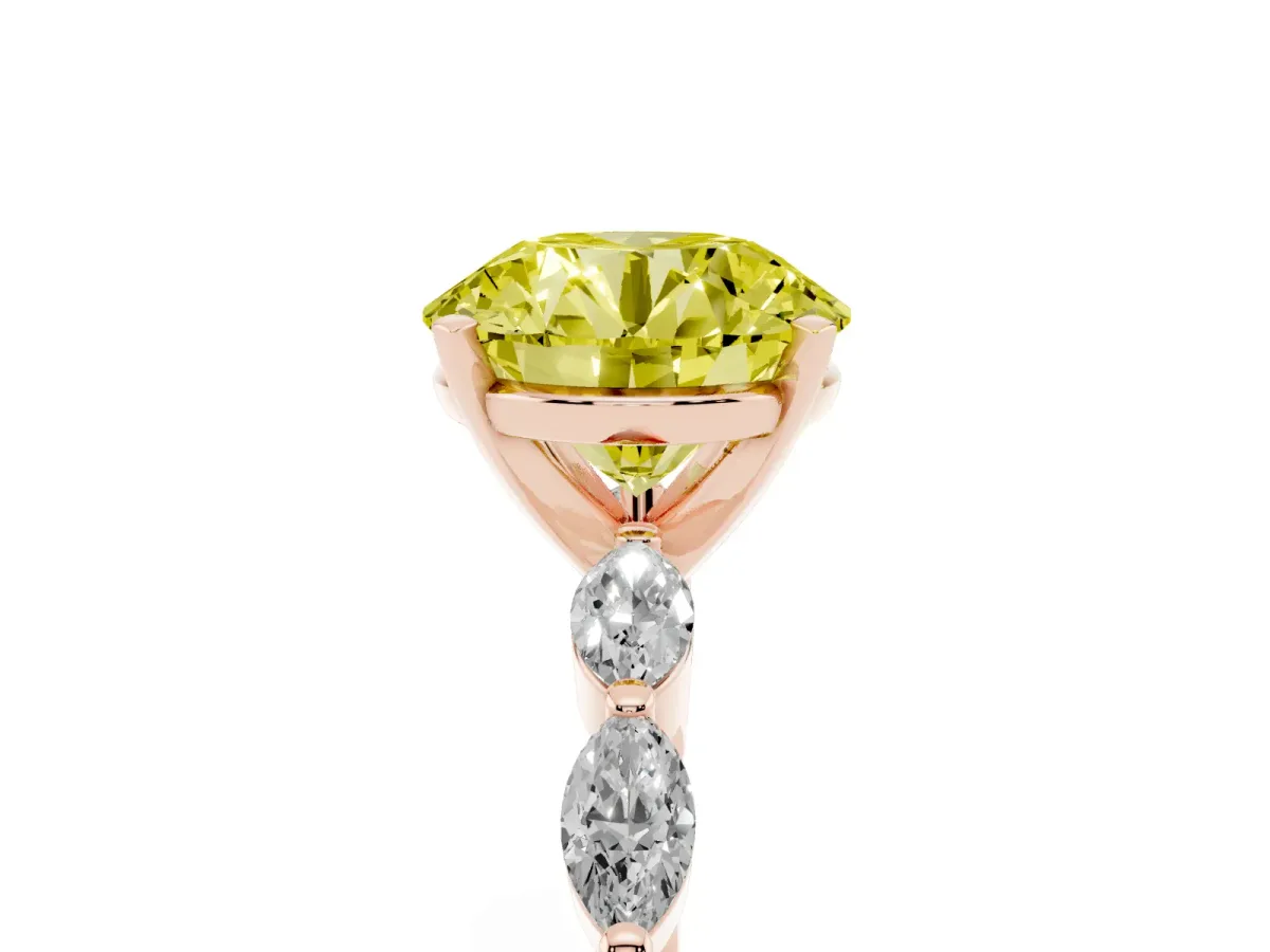 Fancy Yellow Round Cut Diamond Ring with Marquise Side Stones and Prong Setting Rose gold